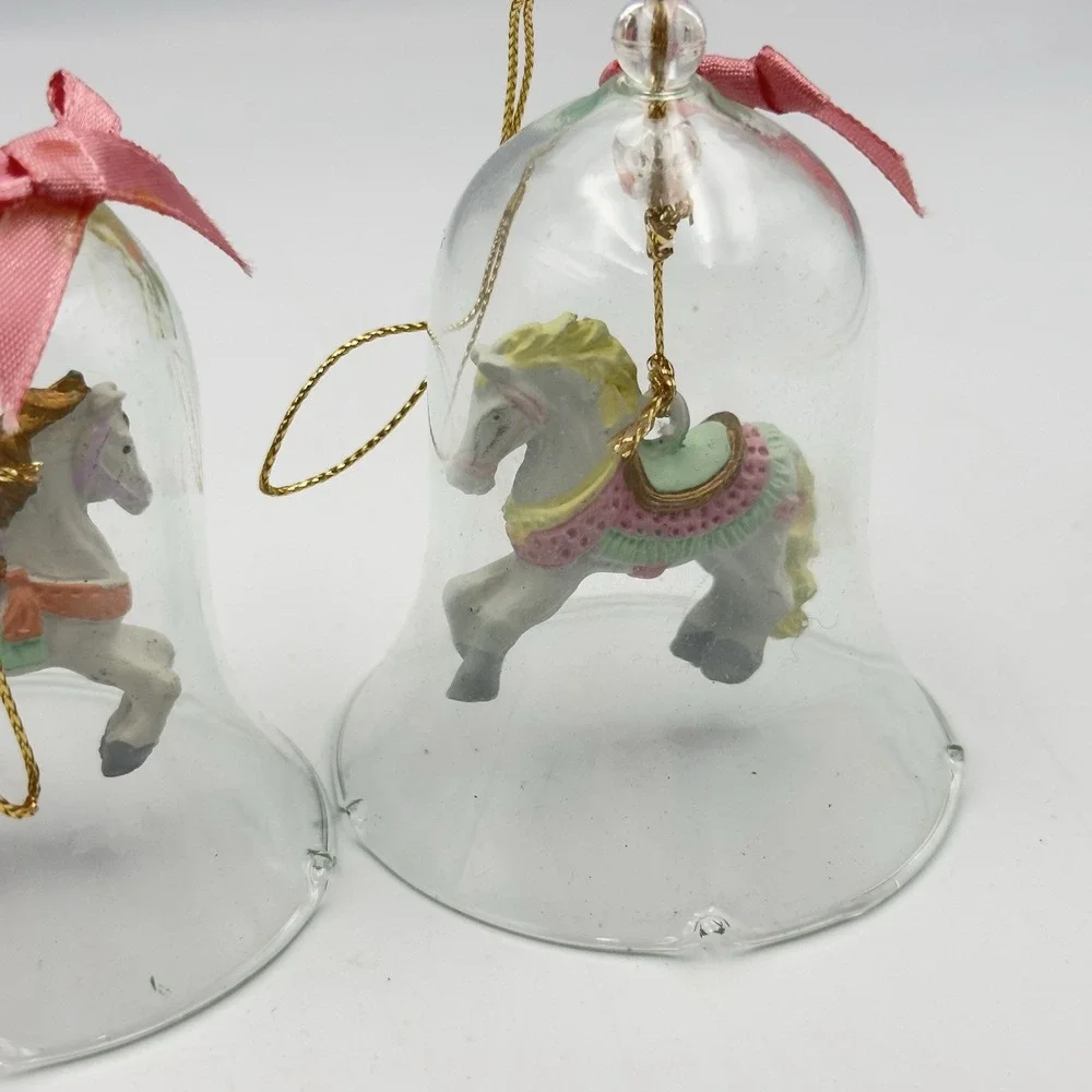 Vintage Set of 4 Clear Glass Bells with Carousel Horses Ornament Ruffled Edges‎
